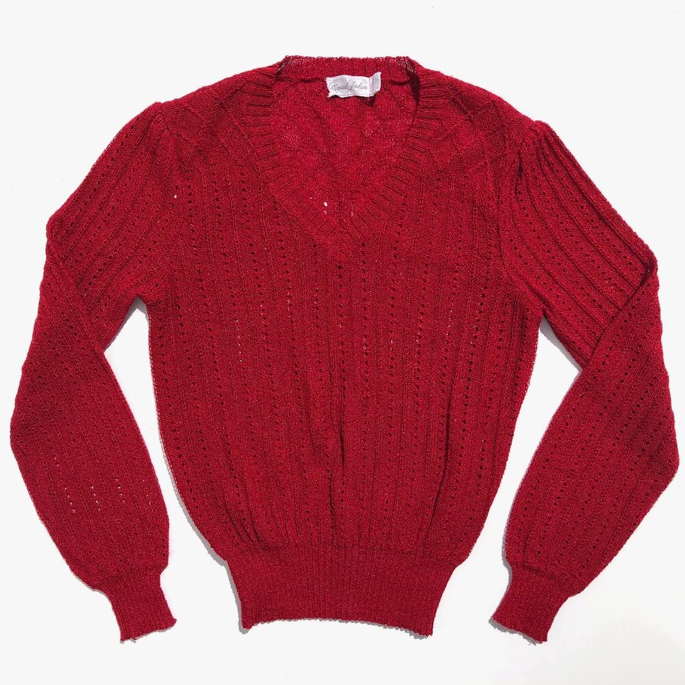 vintage pullover sweater women XS S red open weave V neck Marisa Christina AS IS